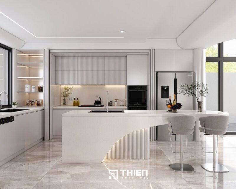 Bếp Chữ L Cửa Trượt Giấu Cánh Biệt Thự Đảo Kim Cương TBT024